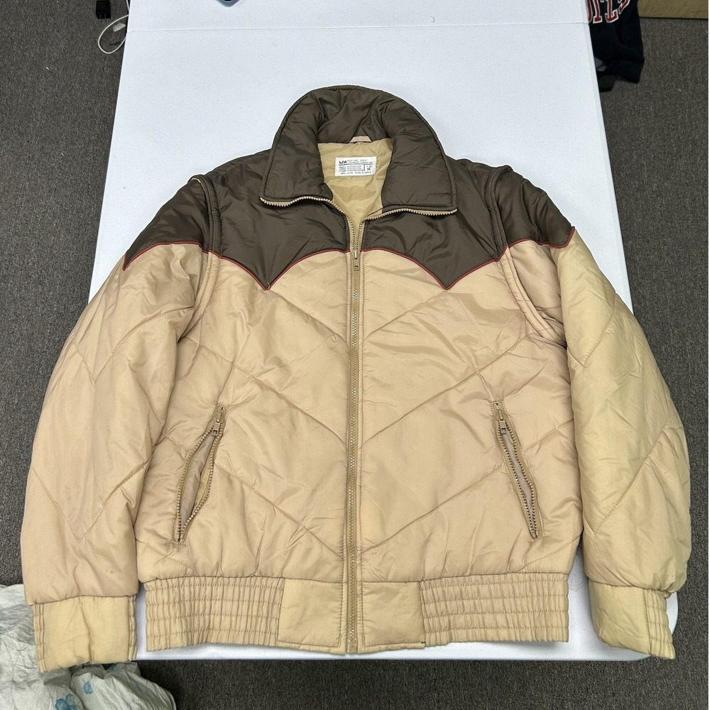 MW Puffer Jacket Mens Medium Tan Brown Western Yoke Quilted Vintage Zip Up